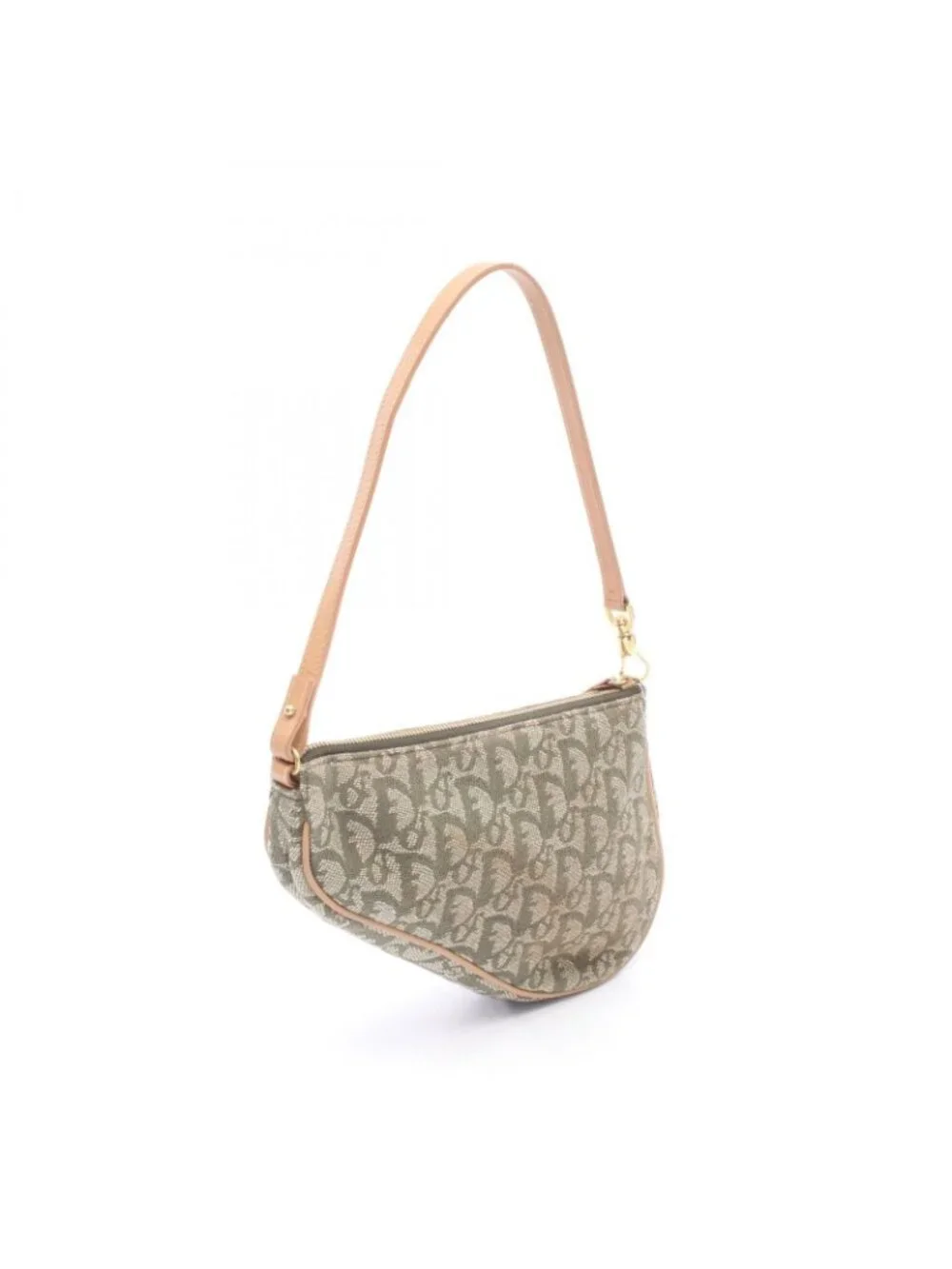 Dior Handbag Trotter Saddle Pouch Green Beige Ivory Canvas Leather